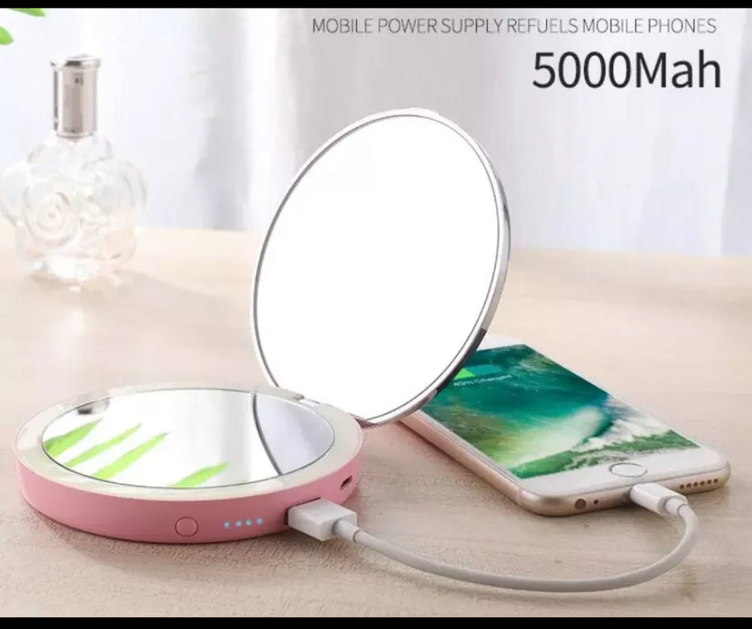 Rechargeable Compact Makeup Mirror with Light and Power Bank